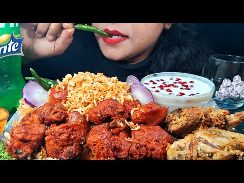 ASMR EATING CHICKEN DUM BIRYANI, CHICKEN KEBAB, WITH RAITA,CHICKEN LEG. SPICE ASMR EATING STYLE.