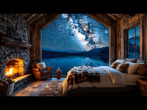 4K Cozy Bedroom Ambience | Crackling Fireplace Sounds | Starry Night & Lake Ambiance