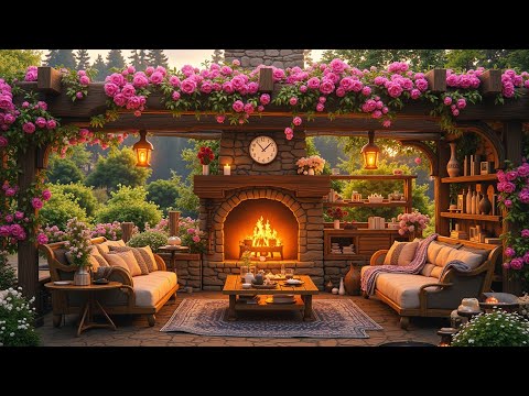 Relaxing Spring Jazz Cafe Ambience - Cozy Fireplace Garden Coffee Shop Music for Chill