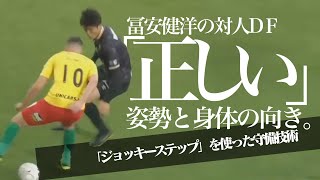 【冨安健洋｜日本代表】1vs1守備での基本的ステップと姿勢「ジョッキーステップ」***対人守備の正しい身体の向きと姿勢「相手を捕らえボールを突き出すDFテクニック」コーディネーション・フットワーク技術