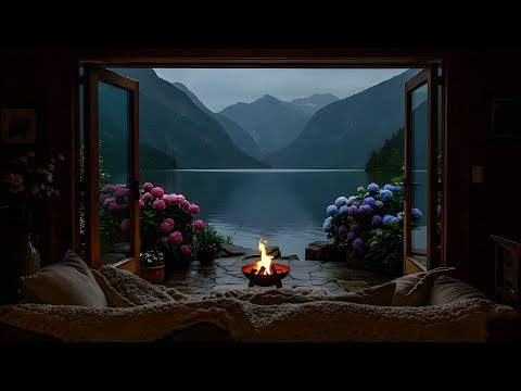 Cozy Spring Overcast Morning Ambience 4K | Birds, Fire, Lake Sounds | Sleep, Relax, Study, Read