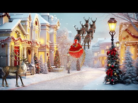 Snowfall Winter Street Ambience 🌨️  Relaxing Music, Christmas Jazz 🎄  Flying Santa & North Deer