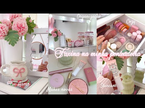 Faxina e tour pela minha penteadeira | skincare , makes novas , asmr , organização | VANITY TOUR