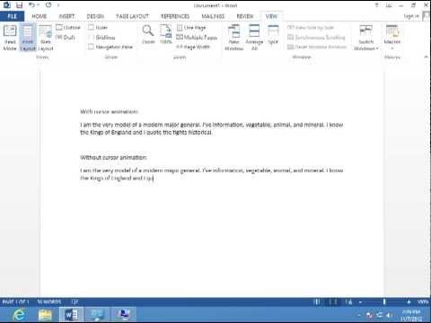 Comparing animated cursor in Word 2013 to non animated