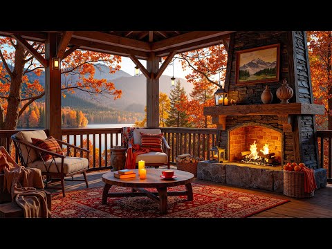 Autumn Jazz on the Mountain Porch 🔥 Warm Fireplace Ambience & Smooth Jazz for Study, Work & Relax