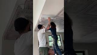 ‘Tin’ wallpaper ceiling! Love how realistic this wallpaper is! Found it online at Arhaus.