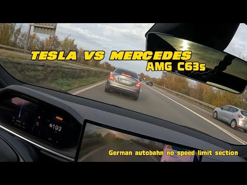 Almost Crashed.. Cheapest Tesla Model S vs Mercedes AMG C63s on German autobahn