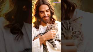 Divine Affection: Jesus Smiling While Holding a Cat with Love