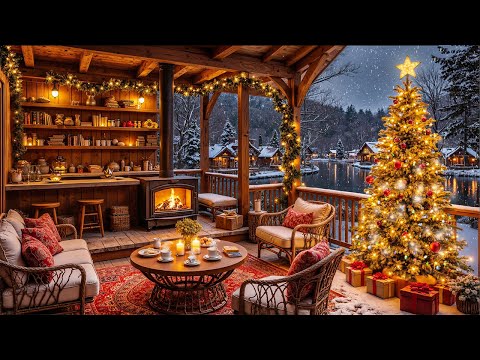 Snowy Lakeside Porch Winter Ambience🎄Relaxing Christmas Jazz Music for Stress Relief & Reading