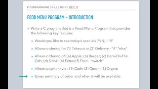 C Programming Skills Using Repit: Food Menu Program: Part 1