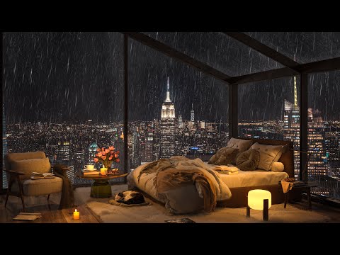 Sleep In A Cozy New York Bedroom with Rain On Window 🌧️ Smooth Piano Jazz Music for Relax & Sleep