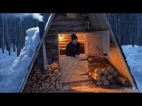 Camping In A Tiny, Warm And Cozy Cabin. Roof restoration after heavy snow