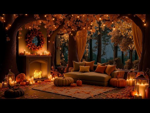Warm Fall Porch Ambience 🎃🔥 Pumpkin Lanterns, Fireplace & Rain Sounds for Deep Relaxation