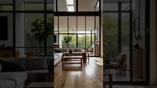 An open-plan Japandi living space with black-framed windows (@modernheritagehome )
