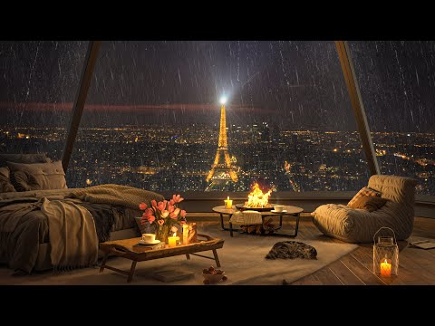 Rain Night 😴 Sleep Soundly with Jazz Music in Cozy Paris Bedroom Ambience for Stress Relief & Sleep