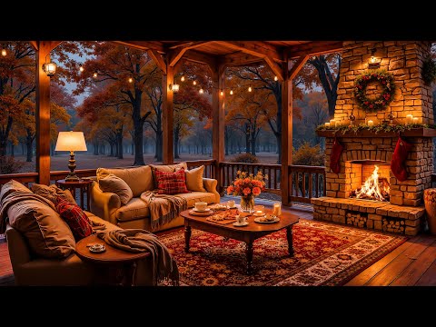 Relaxing Piano Jazz Music by the Fireplace 🍁 Cozy Autumn Porch for Calm Moments and a Peaceful Soul