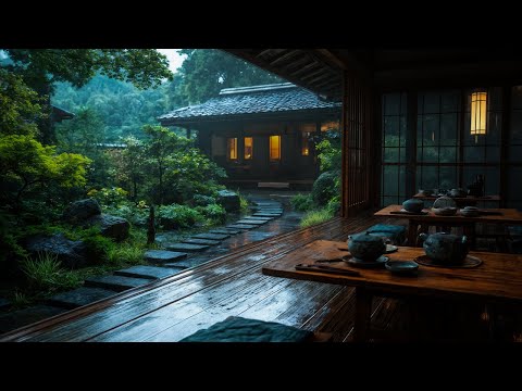 Tranquil Rain in a Japanese Garden | Zen House Sounds with Tea Ritual