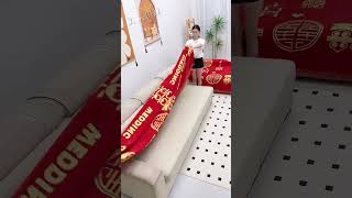 Luxury Red Chinese Wedding Sofa Cover | Royal Golden Print Couch Bed Spread for Home Decor