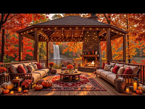 Peaceful October Autumn Porch Vibes 🍂 Soft Piano Jazz & Crackling Fireplace for Deep Focus