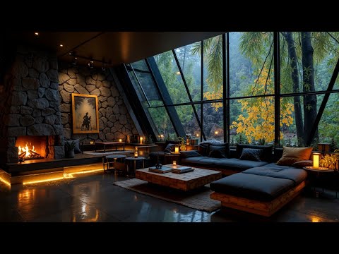 Cozy Fireplace Jazz | Elegant Lounge & Garden View | Relaxing Background Music
