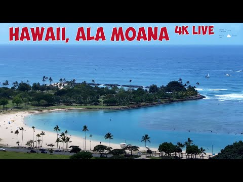 Hawaii live stream 4K.  Ala Moana, Magic Island, Honolulu. Surfers, beach, and fireworks on Friday.