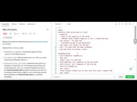 LFU Cache - Leetcode 460 - Linked List - Python