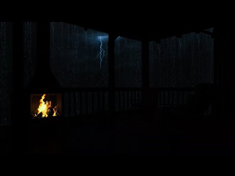 🌩️Rainy Night on the Cabin Porch🔥Thunderstorm, Lightning & Fireplace Ambience for Deep Sleep🌧️🌲