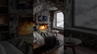 Small Cozy Cabin in the mountains, Relaxing Fireplace and Snowstorm Sounds