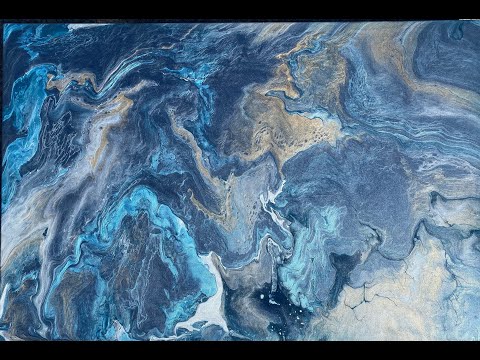 New!! Large 24x36in Open Cup Acrylic Pour Painting with Blues, Gold and Silver new artist