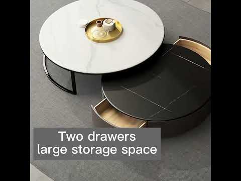 Minimalist Round Marble Top Nesting Coffee Table with Drawer