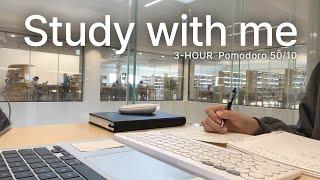 3-HOUR STUDY WITH ME | library | Calm Rain sound🌧️ | Pomodoro 50/10 | with pomodoro timer