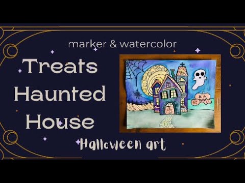 Easy 🖼: Treats Haunted House- marker & watercolor (Halloween Art) 🎃