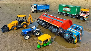 24 Wheeler TATA Dumper Truck Accident Pulling Out Auto Rickshaw Tractor JCB 3DX | Tractor Cartoon