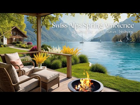 Peaceful Lakeside Morning Ambience 🌿Crackling Fire Pit Sounds & Lapping Waves | Ambient Spring Vibes