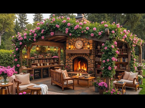 Relaxing Outdoor Jazz Cafe 🌸 Spring Ambience with Books, Birdsong & Gentle Piano Music