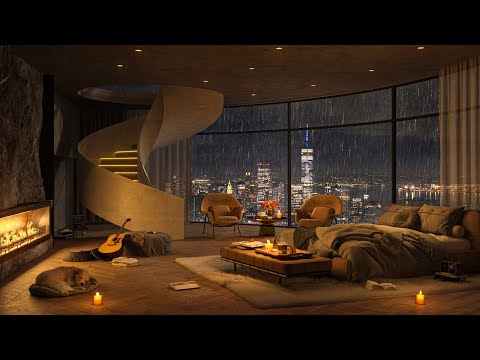 Cozy Bedroom With A Night View Of New York In Rain 🌧️ Soft Piano Jazz Music for Relax and Sleep