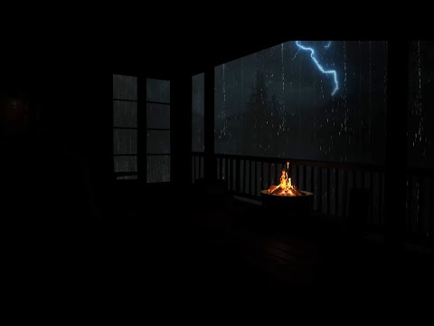 ⚡🌧️Thunderstorm Night on the Porch | Heavy Rain, Lightning & Cozy Fire Ambience for Relax & Sleep🔥