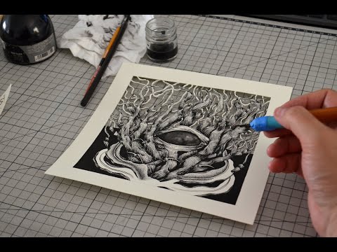 Proceso de dibujo con tinta y papel calado