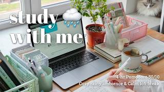 4-HR STUDY WITH ME 🪵 Crackling Fireplace ⛈️ in Thunderstorm [50/10 Pomodoro] 🎧 Calm Lofi Break