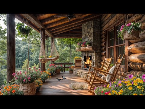 🔥 Cozy Morning on a Forest Cabin Porch | Fireplace, Birds & Peaceful Ambience for Relaxation