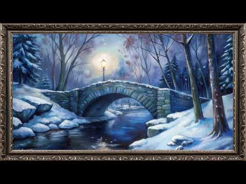 Moonlit Winter Forest bridge oil painting TV Screen in Classical Frame | Elegant TV Wallpaper