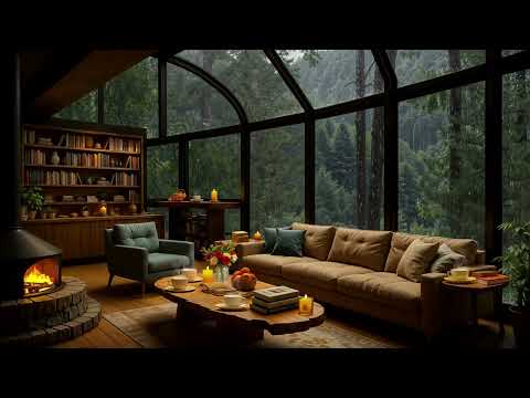 Cozy Reading Nook Ambience & Jazz Background Music - Stress Relief with Rain Fall & Fireplace Sounds