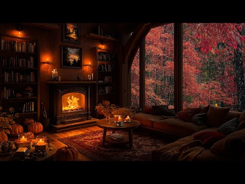 Gentle Jazz Music & Rainy Autumn Ambience 🍂 Cozy Reading Nook with Crackling Fireplace, Rain Sounds
