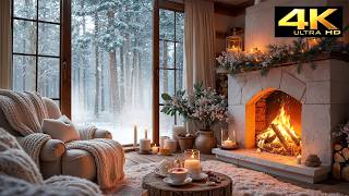 Cozy Cabin Early Spring Magic ❄️🌸🔥 Crackling Fireplace & Snowy Pines & Fluffy Comfort ASMR
