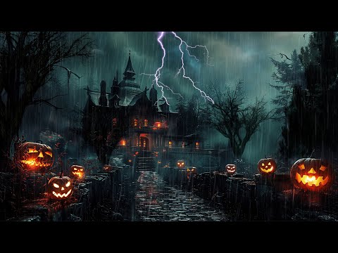 Stormy Halloween Night - Haunted Town🎃Rainy Halloween Ambience  Thunderstorm & Rain Halloween Sound