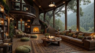 Cozy Living Room on Rainy Day Ambience - Smooth Jazz Piano Music & Relaxing Rain, Fireplace Sounds 🔥