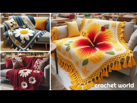 Crochet sofa blanket knitted with wool. Beautiful crochet sofa blanket design.