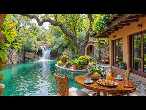 ☕ Tranquil Villa Jazz Café | Smooth Jazz by Riverside & Waterfall Sounds for Focus & Relaxation