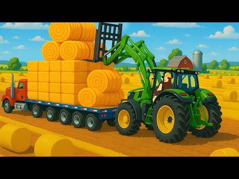 Farmer And Tractor: Picking Up Straw Bales and Working on the Field | Vehicles Farm Animated
