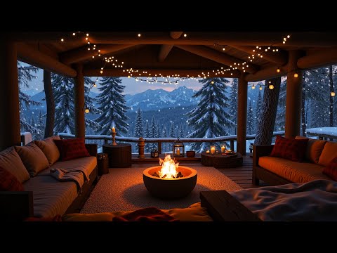 Winter Storm on a Quiet Porch with a Crackling Fireplace | Snowfall & Gentle Winds